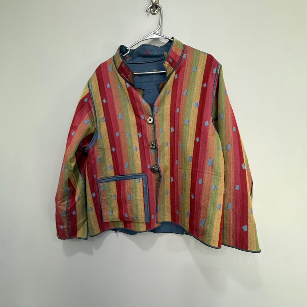 Treadle Design Room Reversible‎ Jacket Striped mandarin USA Made Sz MEdium